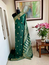 PUSHPITA- ELEGANT GREEN BALUCHARI SILK SAREE WITH DEER AND MYTHOLOGICAL MOTIFS