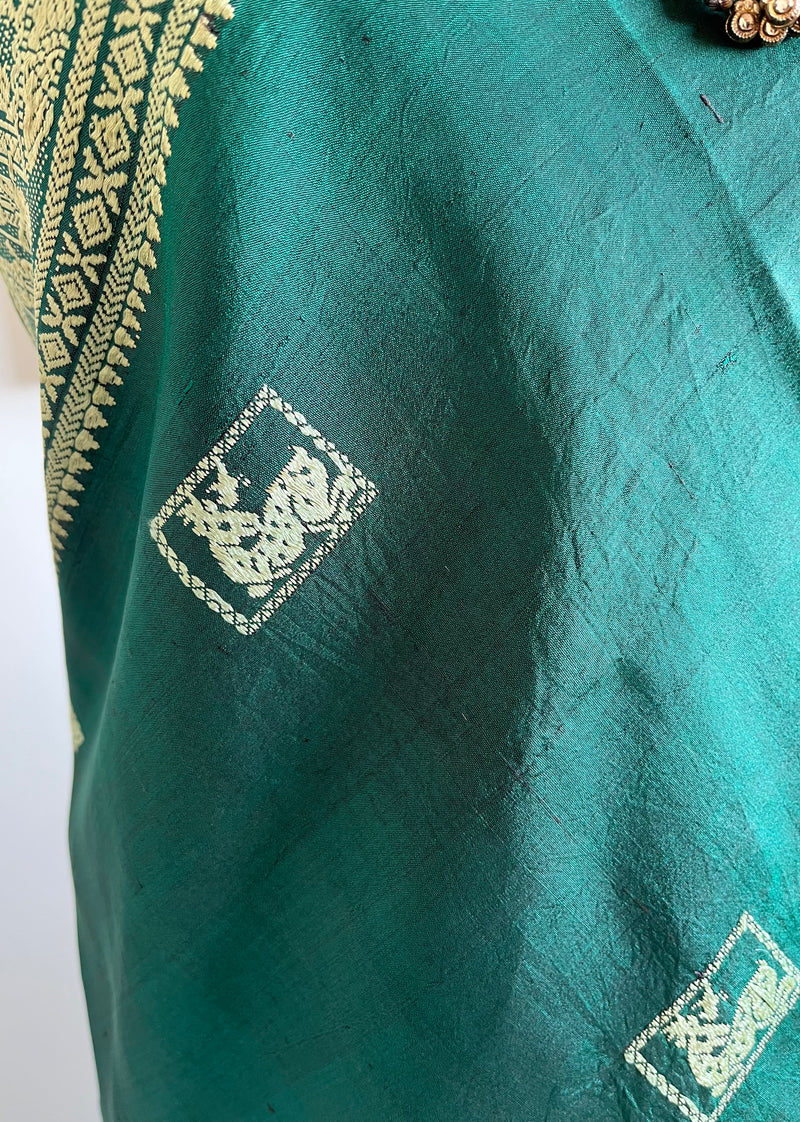 PUSHPITA- ELEGANT GREEN BALUCHARI SILK SAREE WITH DEER AND MYTHOLOGICAL MOTIFS