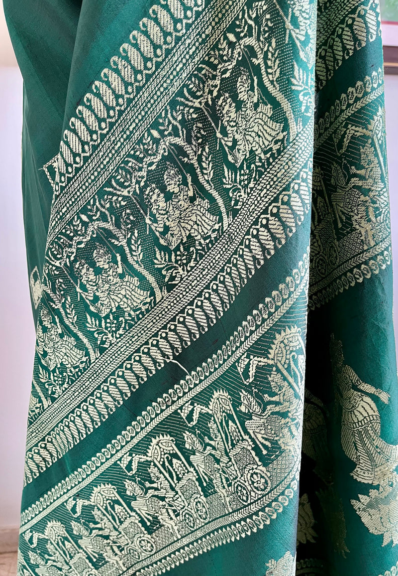 PUSHPITA- ELEGANT GREEN BALUCHARI SILK SAREE WITH DEER AND MYTHOLOGICAL MOTIFS