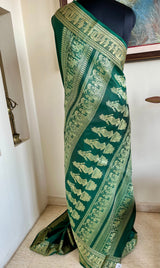 PUSHPITA- ELEGANT GREEN BALUCHARI SILK SAREE WITH DEER AND MYTHOLOGICAL MOTIFS