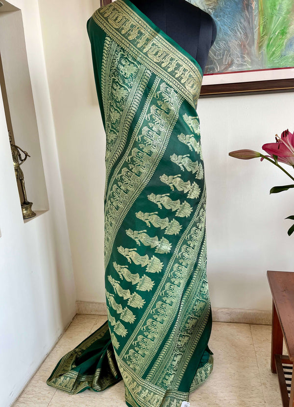 PUSHPITA- ELEGANT GREEN BALUCHARI SILK SAREE WITH DEER AND MYTHOLOGICAL MOTIFS