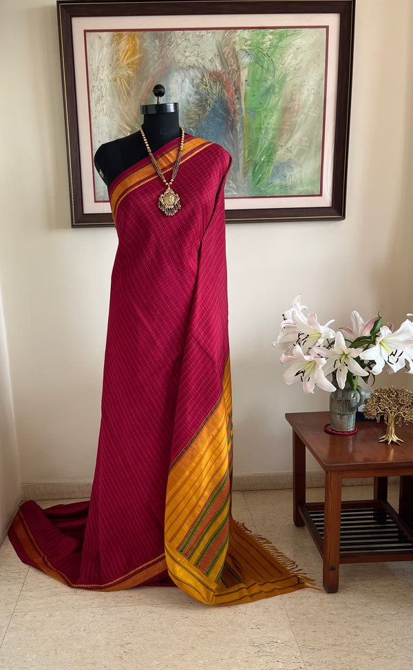 MUGILA – MAROON KATTAM KANJIVARAM WITH MUSTARD GREEN MAROON AANCHAL
