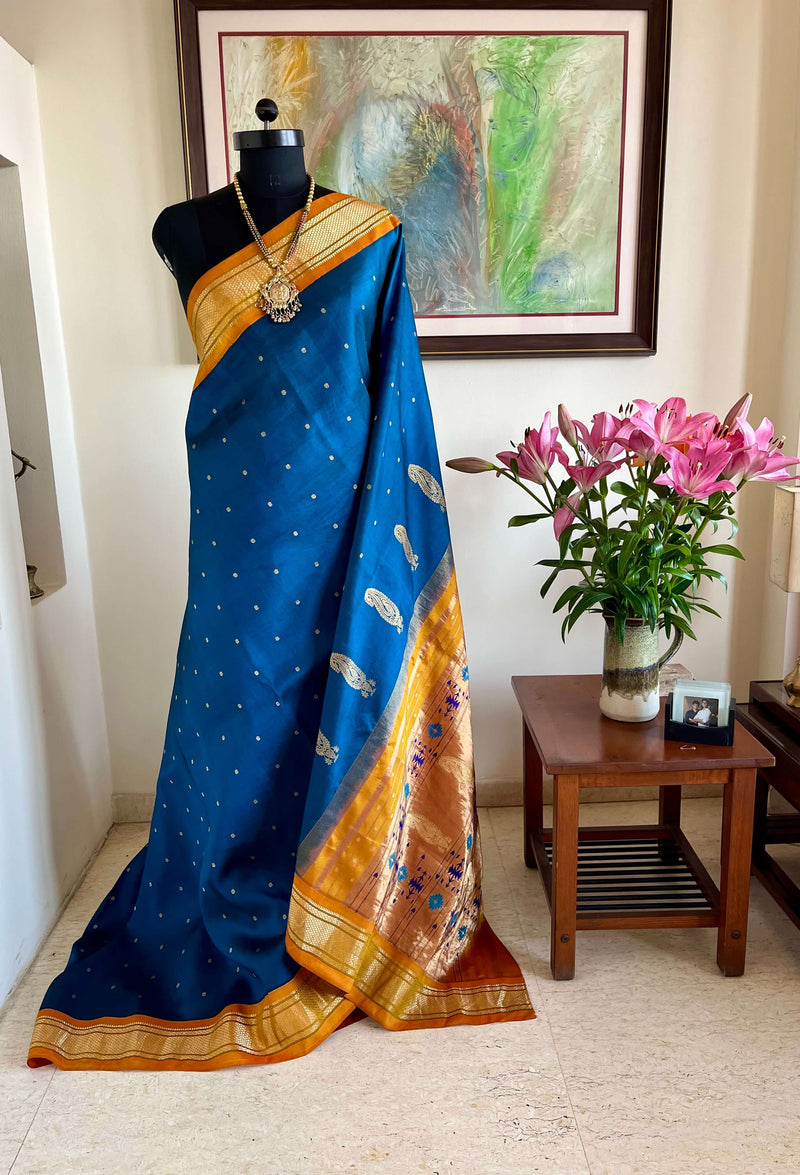 NILASHA: MIDNIGHT BLUE PAITHANI WITH CONTEMPORARY PAISLEY AANCHAL