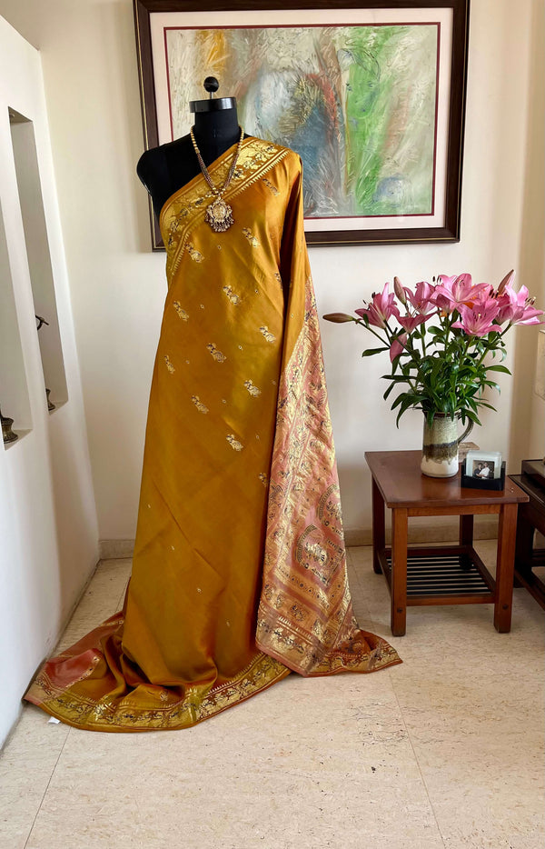 MRUNMAYI: LIGHT GREENISH-BROWN PATLI SWARNACHARI SILK SAREE WITH PINK AANCHAL