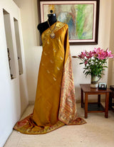 MRUNMAYI: LIGHT GREENISH-BROWN PATLI SWARNACHARI SILK SAREE WITH PINK AANCHAL