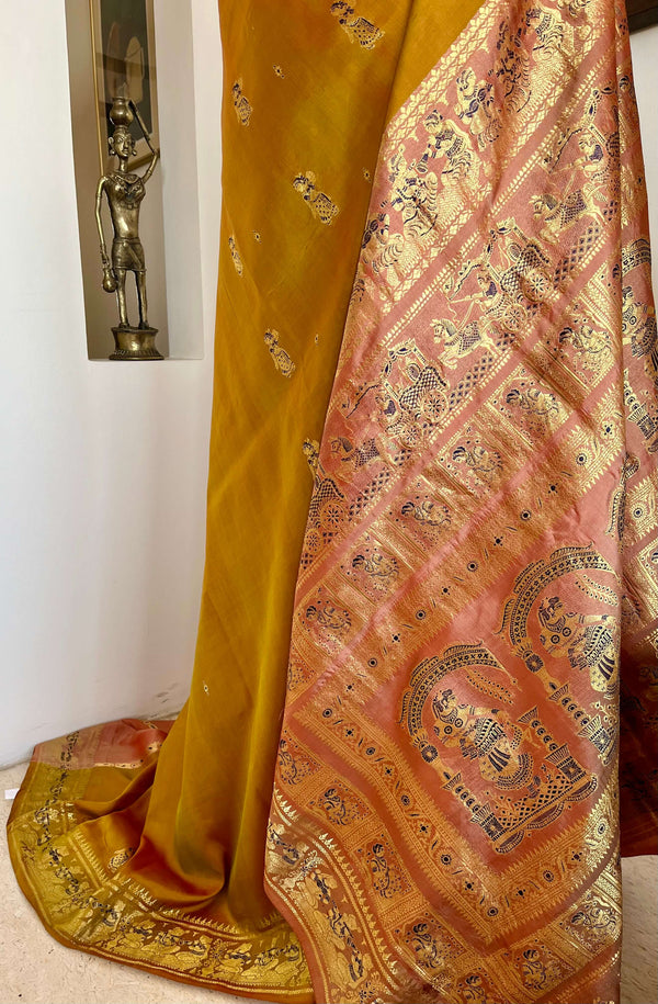 MRUNMAYI: LIGHT GREENISH-BROWN PATLI SWARNACHARI SILK SAREE WITH PINK AANCHAL