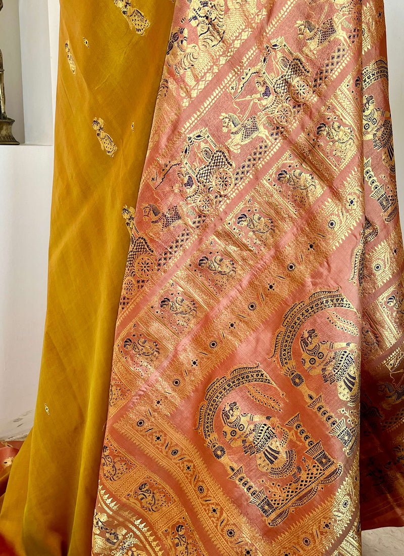 MRUNMAYI: LIGHT GREENISH-BROWN PATLI SWARNACHARI SILK SAREE WITH PINK AANCHAL