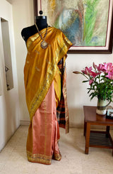 MRUNMAYI: LIGHT GREENISH-BROWN PATLI SWARNACHARI SILK SAREE WITH PINK AANCHAL