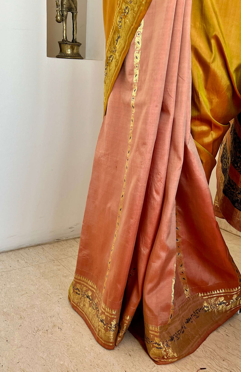 MRUNMAYI: LIGHT GREENISH-BROWN PATLI SWARNACHARI SILK SAREE WITH PINK AANCHAL