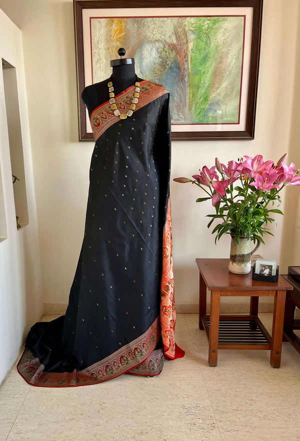 OISHI: TIMELESS BLACK AND RUST RED BALUCHARI SILK MASTERPIECE