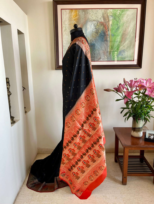 OISHI: TIMELESS BLACK AND RUST RED BALUCHARI SILK MASTERPIECE