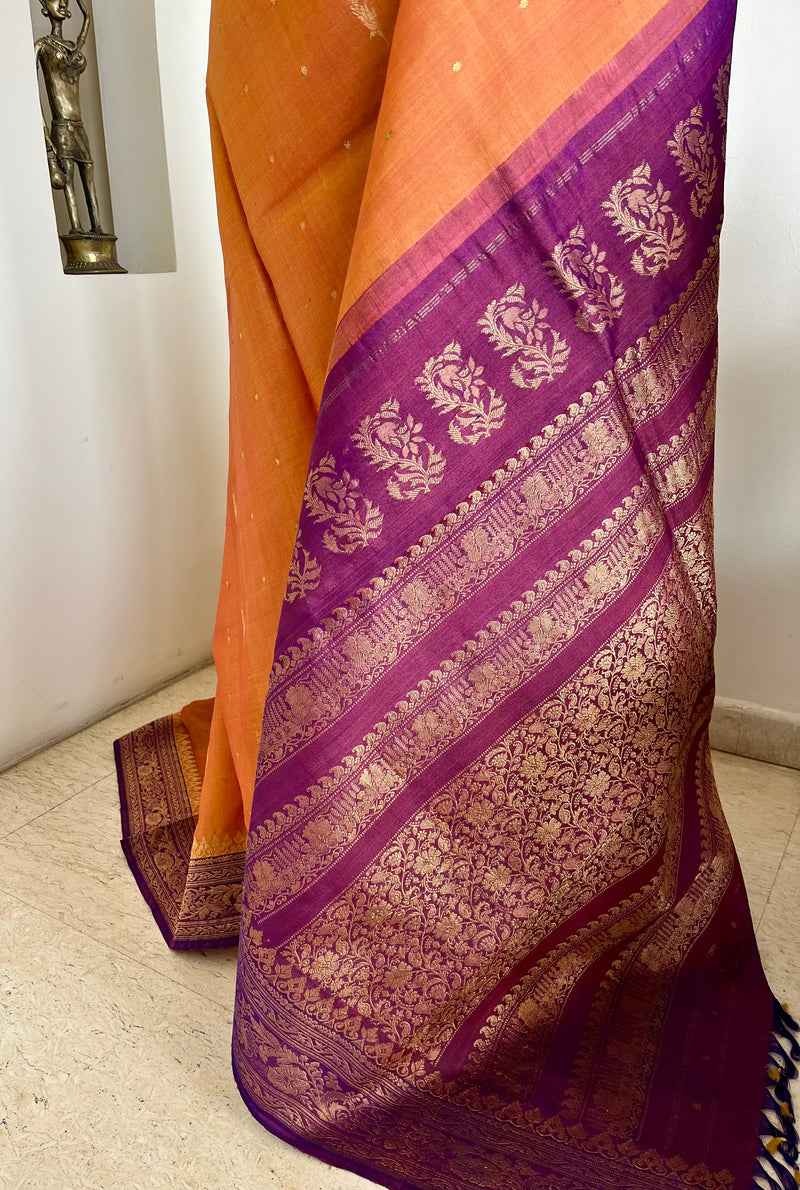 MORVIKA – BURNT ORANGE GADWAL SILK  WITH PURPLE FLORAL ZARI