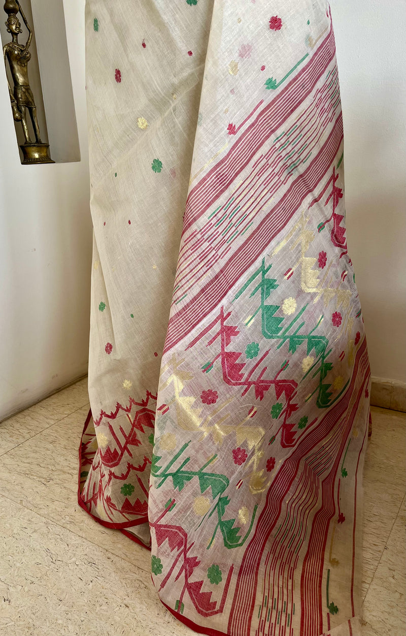 MOYNA – NEVER WORN OFF-WHITE JAMDANI WITH RED, GREEN AND ZARI MOTIFS