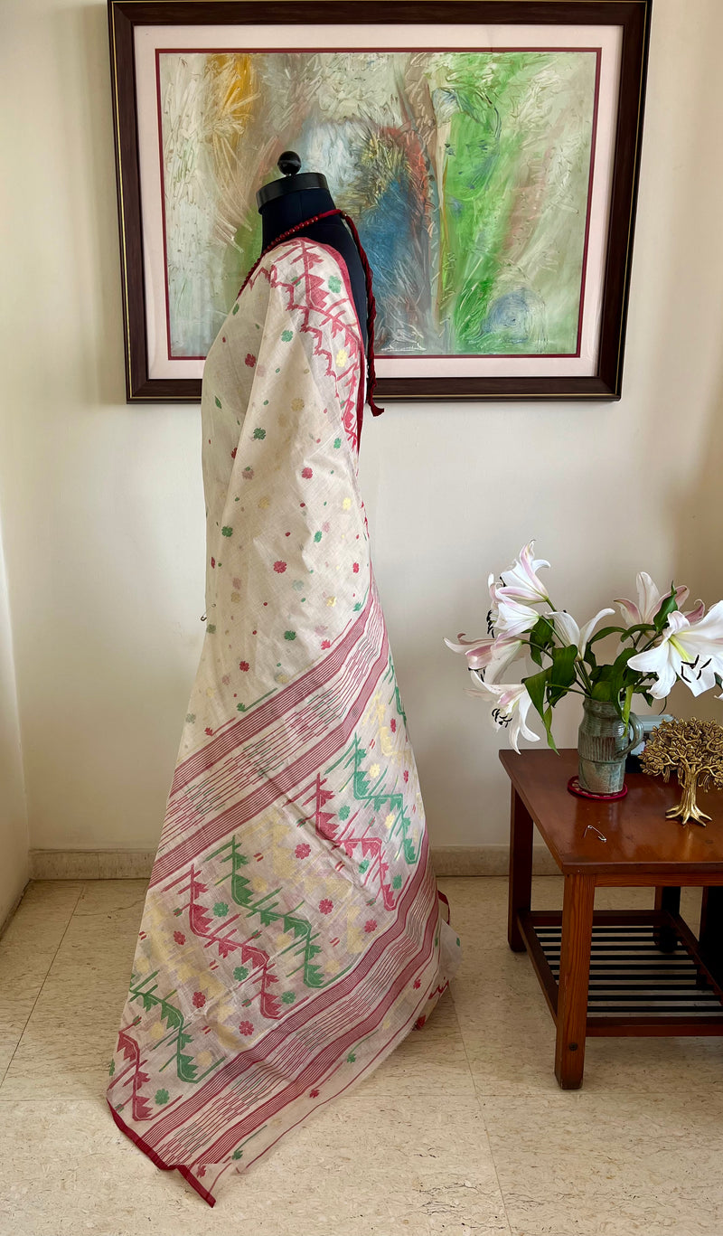 MOYNA – NEVER WORN OFF-WHITE JAMDANI WITH RED, GREEN AND ZARI MOTIFS