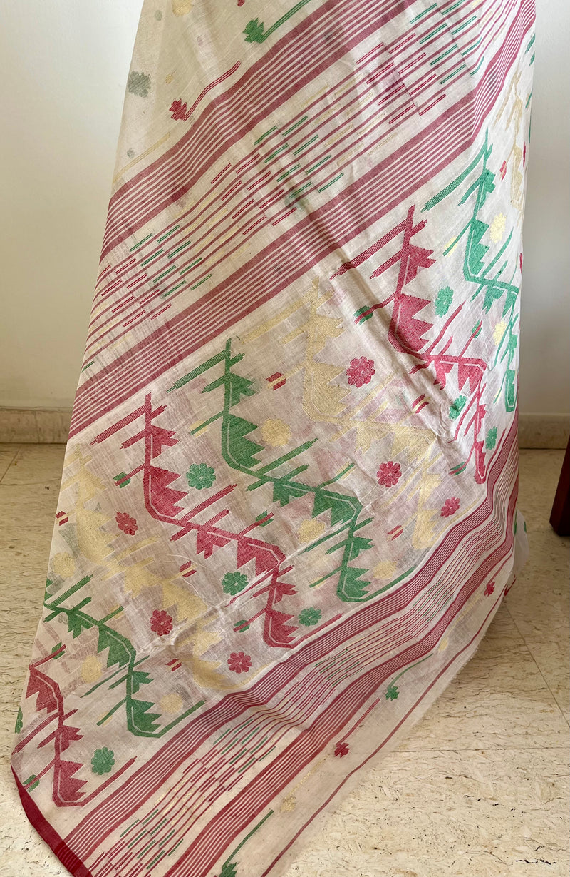 MOYNA – NEVER WORN OFF-WHITE JAMDANI WITH RED, GREEN AND ZARI MOTIFS