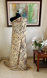 SROTOSHINI- CREAM SILK SAREE WITH ELABORATE KANTHA EMBROIDERY AND MOTIFS