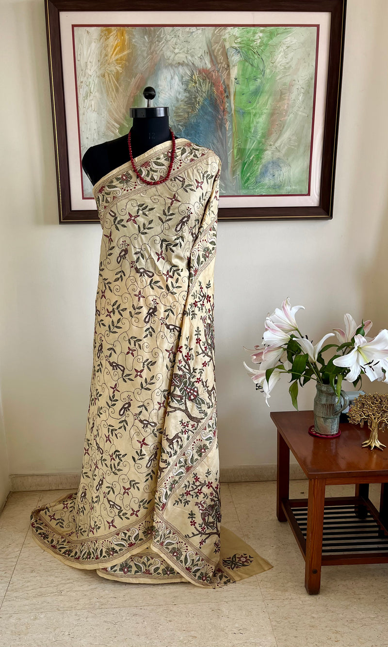 SROTOSHINI- CREAM SILK SAREE WITH ELABORATE KANTHA EMBROIDERY AND MOTIFS