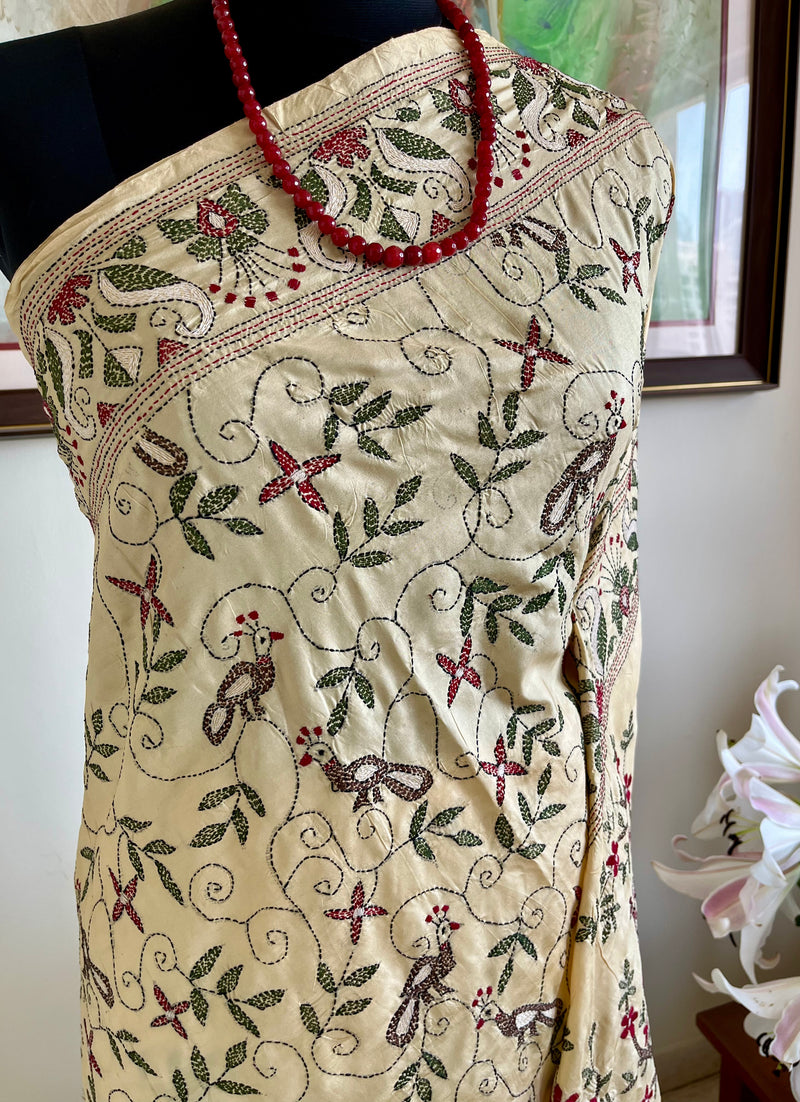SROTOSHINI- CREAM SILK SAREE WITH ELABORATE KANTHA EMBROIDERY AND MOTIFS
