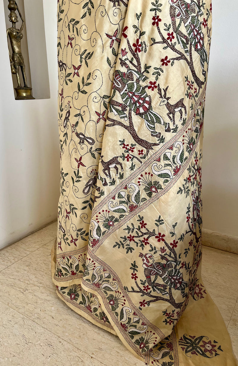 SROTOSHINI- CREAM SILK SAREE WITH ELABORATE KANTHA EMBROIDERY AND MOTIFS