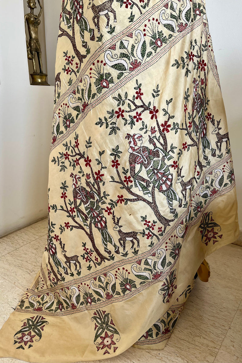 SROTOSHINI- CREAM SILK SAREE WITH ELABORATE KANTHA EMBROIDERY AND MOTIFS