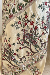 SROTOSHINI- CREAM SILK SAREE WITH ELABORATE KANTHA EMBROIDERY AND MOTIFS