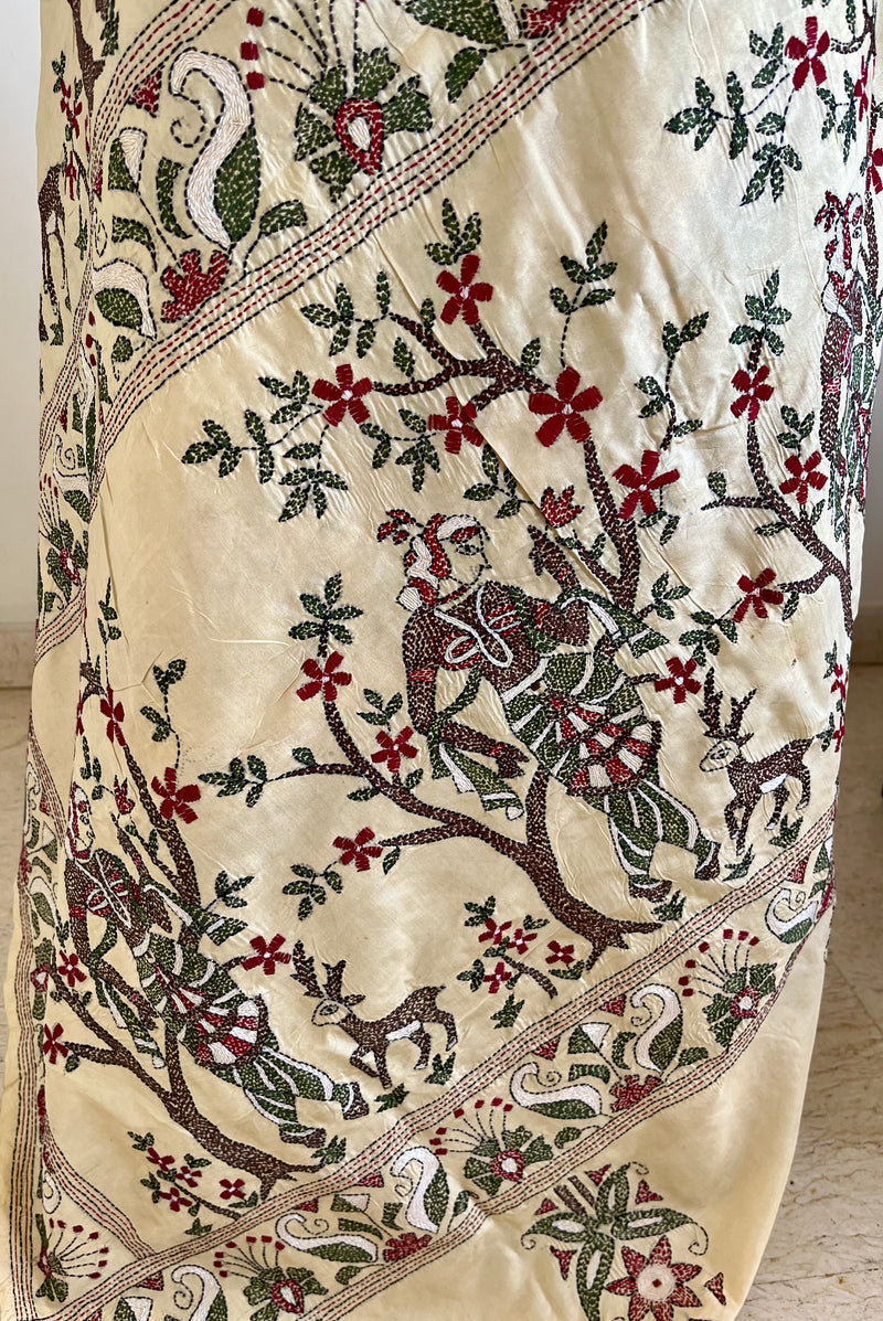 SROTOSHINI- CREAM SILK SAREE WITH ELABORATE KANTHA EMBROIDERY AND MOTIFS