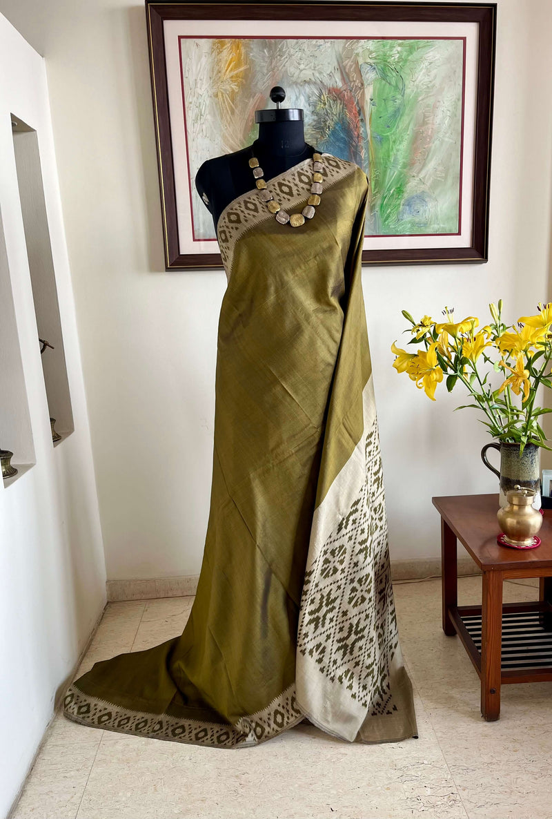 PRITHVIJA - MEHENDI GREEN POCHAMPALLY WITH GREYISH WHITE ACCENTS