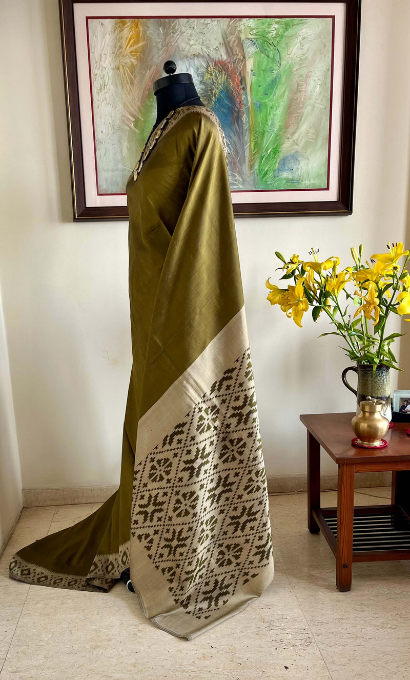 PRITHVIJA - MEHENDI GREEN POCHAMPALLY WITH GREYISH WHITE ACCENTS