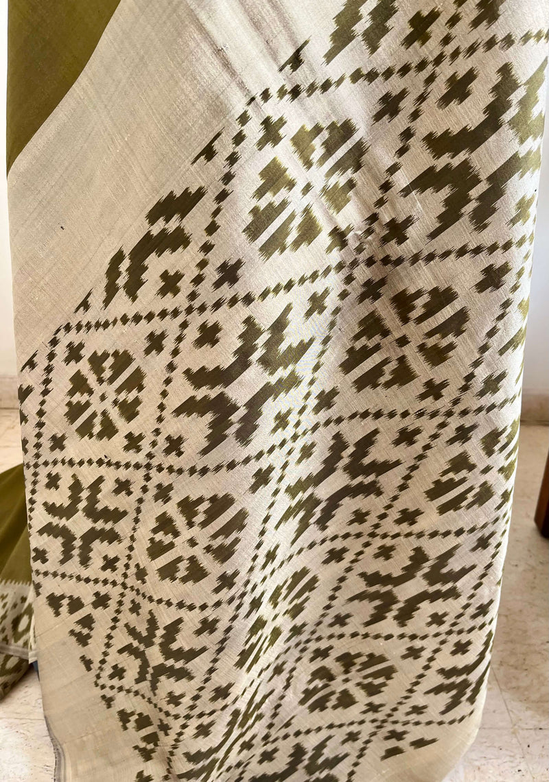 PRITHVIJA - MEHENDI GREEN POCHAMPALLY WITH GREYISH WHITE ACCENTS