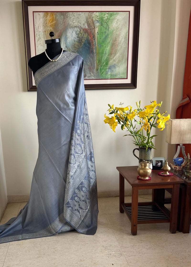 AVAYA - LIGHTWEIGHT BLUE BANARASI WITH SILVER GREY WOVEN AANCHAL