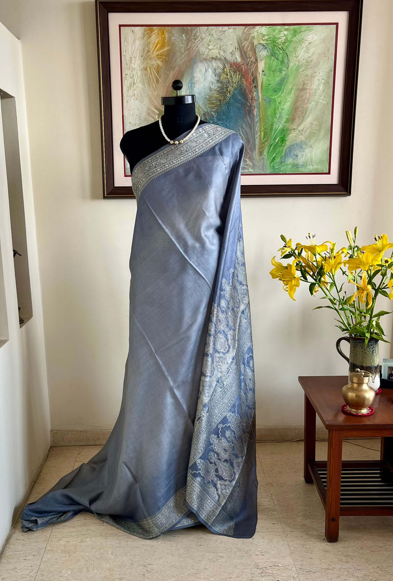 AVAYA - LIGHTWEIGHT BLUE BANARASI WITH SILVER GREY WOVEN AANCHAL