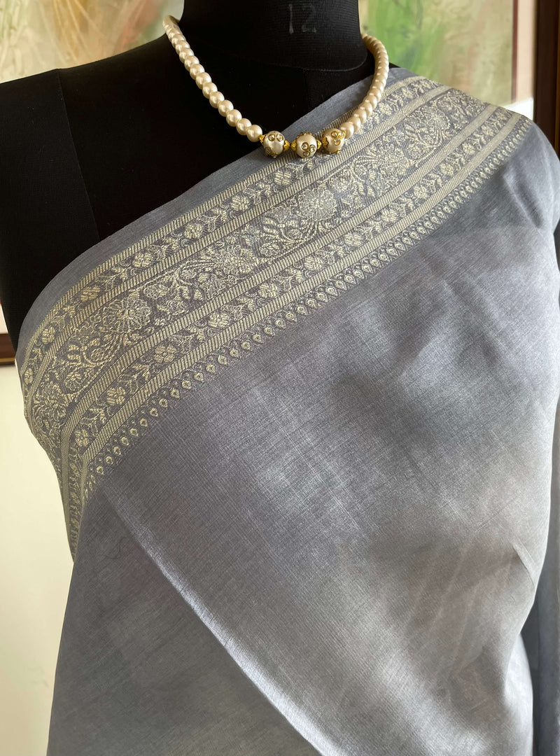 AVAYA - LIGHTWEIGHT BLUE BANARASI WITH SILVER GREY WOVEN AANCHAL