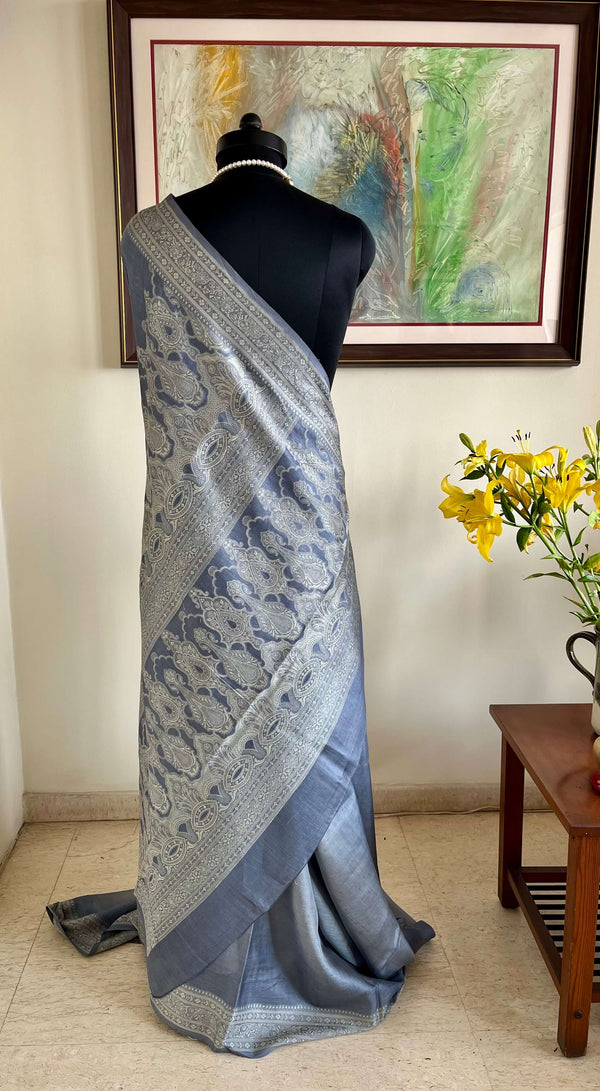 AVAYA - LIGHTWEIGHT BLUE BANARASI WITH SILVER GREY WOVEN AANCHAL