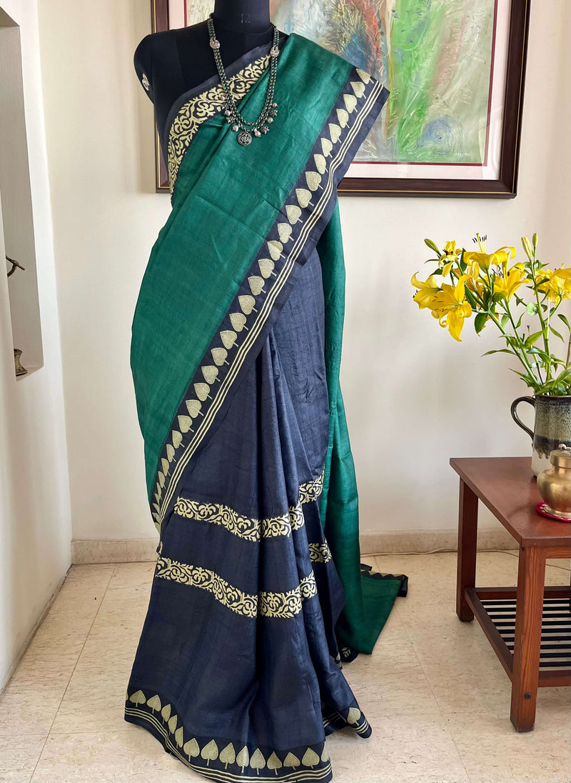 TIYA - TIMELESS HALF AND HALF TUSSAR WITH MOTIFS ON BLUE