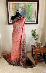 SITAL- PEACH KHANDUA SILK SAREE WITH IKAT AND TRADITIONAL MOTIFS
