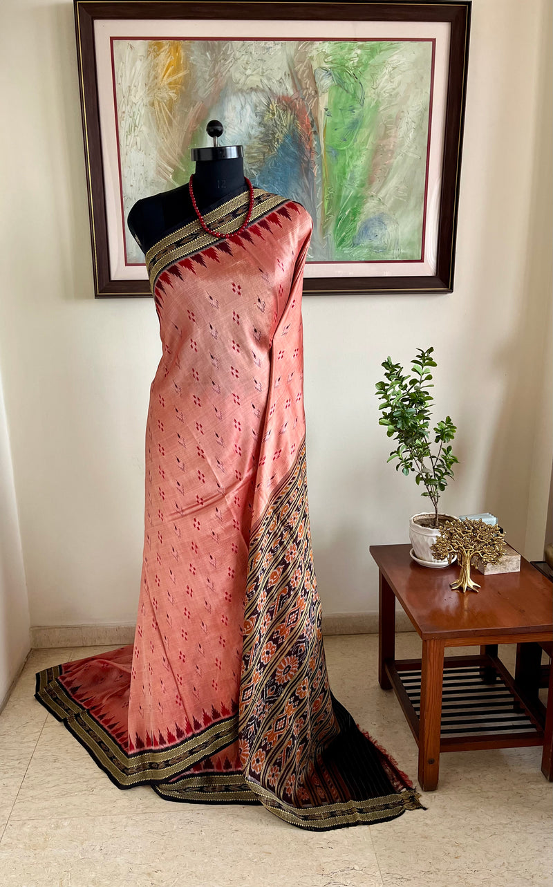 SITAL- PEACH KHANDUA SILK SAREE WITH IKAT AND TRADITIONAL MOTIFS