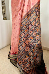 SITAL- PEACH KHANDUA SILK SAREE WITH IKAT AND TRADITIONAL MOTIFS