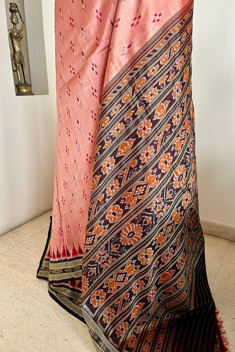 SITAL- PEACH KHANDUA SILK SAREE WITH IKAT AND TRADITIONAL MOTIFS