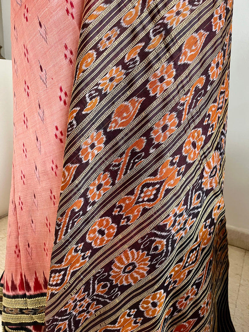 SITAL- PEACH KHANDUA SILK SAREE WITH IKAT AND TRADITIONAL MOTIFS