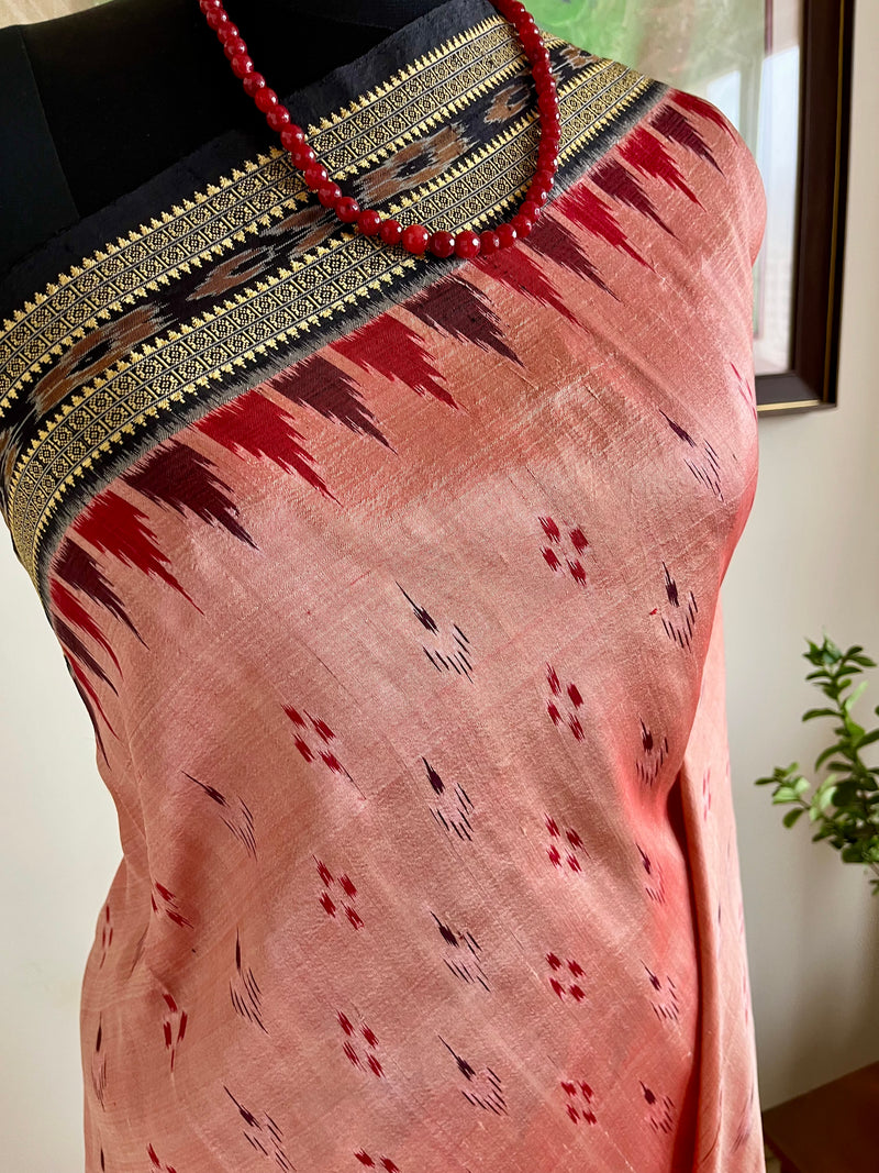 SITAL- PEACH KHANDUA SILK SAREE WITH IKAT AND TRADITIONAL MOTIFS