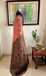 SITAL- PEACH KHANDUA SILK SAREE WITH IKAT AND TRADITIONAL MOTIFS