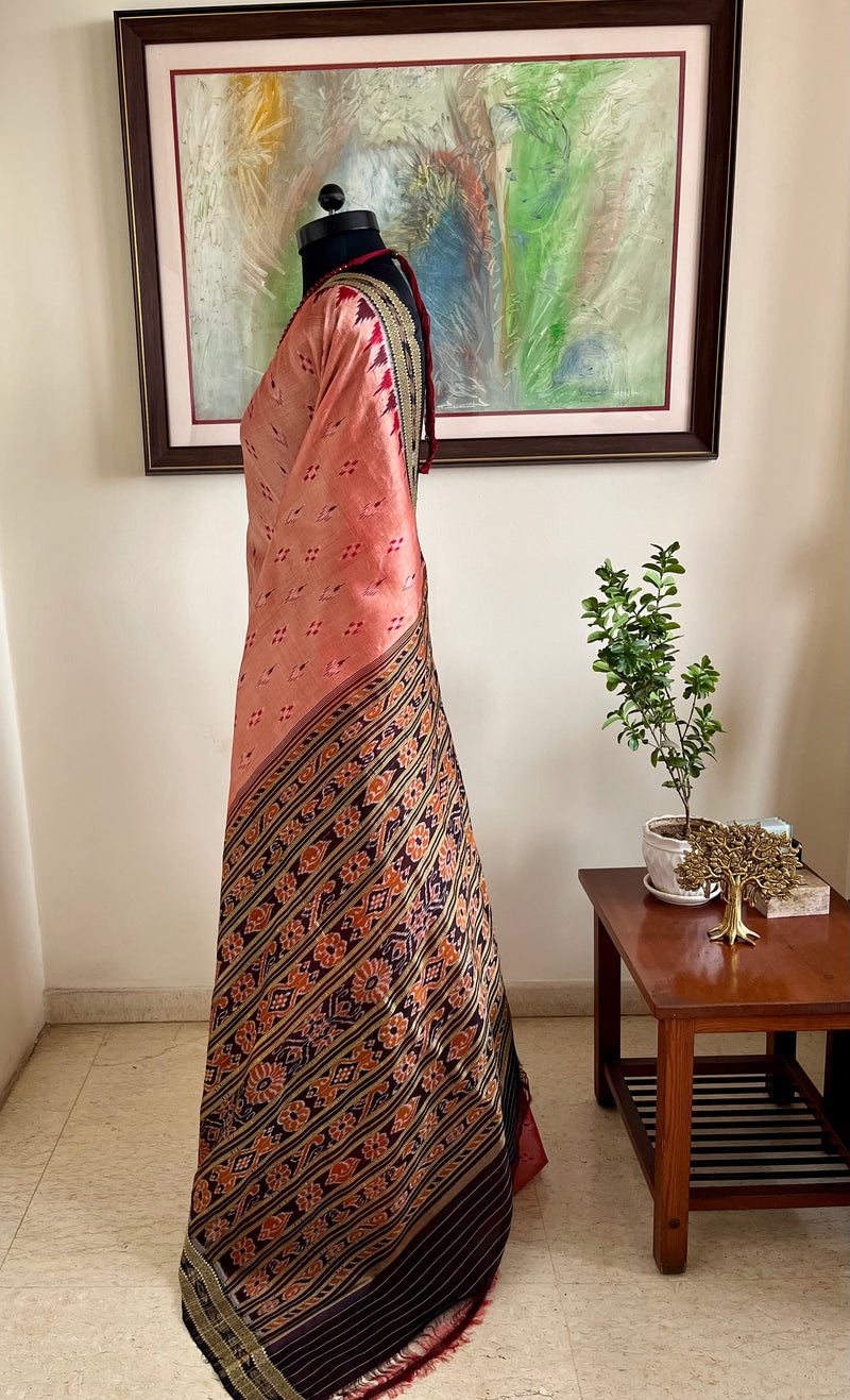 SITAL- PEACH KHANDUA SILK SAREE WITH IKAT AND TRADITIONAL MOTIFS
