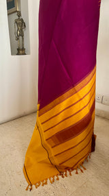 NIRANJANI – MAROON KANJIVARAM WITH MUSTARD BORDER AND STRIPED AANCHAL