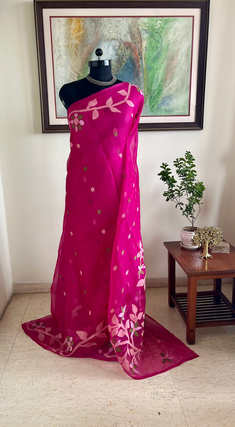 YUGITA- MAGENTA MUSLIN JAMDANI WITH PEACH AND GREEN FLORALS