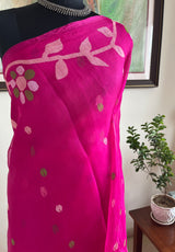 YUGITA- MAGENTA MUSLIN JAMDANI WITH PEACH AND GREEN FLORALS
