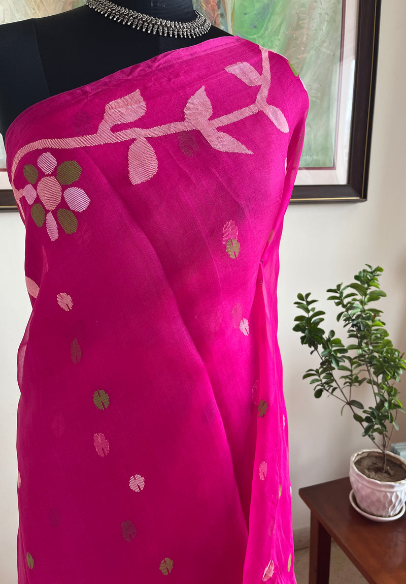 YUGITA- MAGENTA MUSLIN JAMDANI WITH PEACH AND GREEN FLORALS