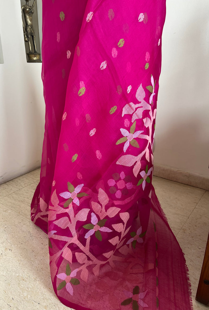 YUGITA- MAGENTA MUSLIN JAMDANI WITH PEACH AND GREEN FLORALS