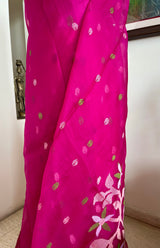 YUGITA- MAGENTA MUSLIN JAMDANI WITH PEACH AND GREEN FLORALS