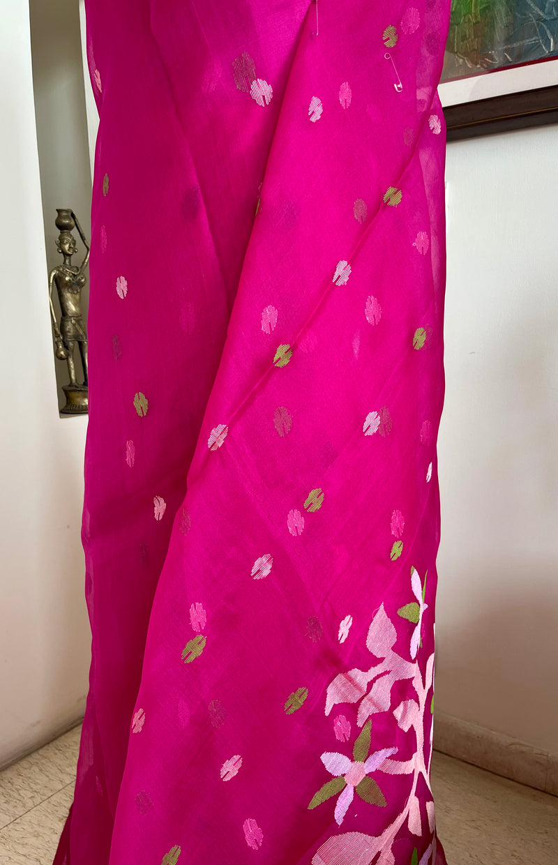 YUGITA- MAGENTA MUSLIN JAMDANI WITH PEACH AND GREEN FLORALS