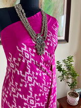 AAMEYA- MAGENTA POCHAMPALLY WITH WHITE DIAMOND AND ZIGZAG MOTIFS